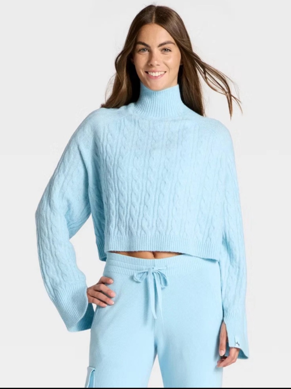 JoyLab Women's Mock Neck Cable Knit Sweater - Light Blue - XXS